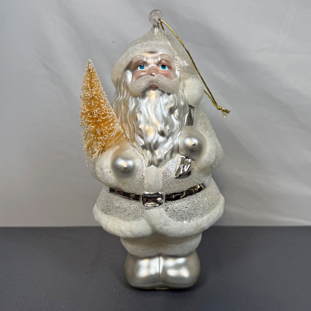 Dept 56 Spirit Santa Claus Christmas Large Ornament Glass Tree Bag Silver White